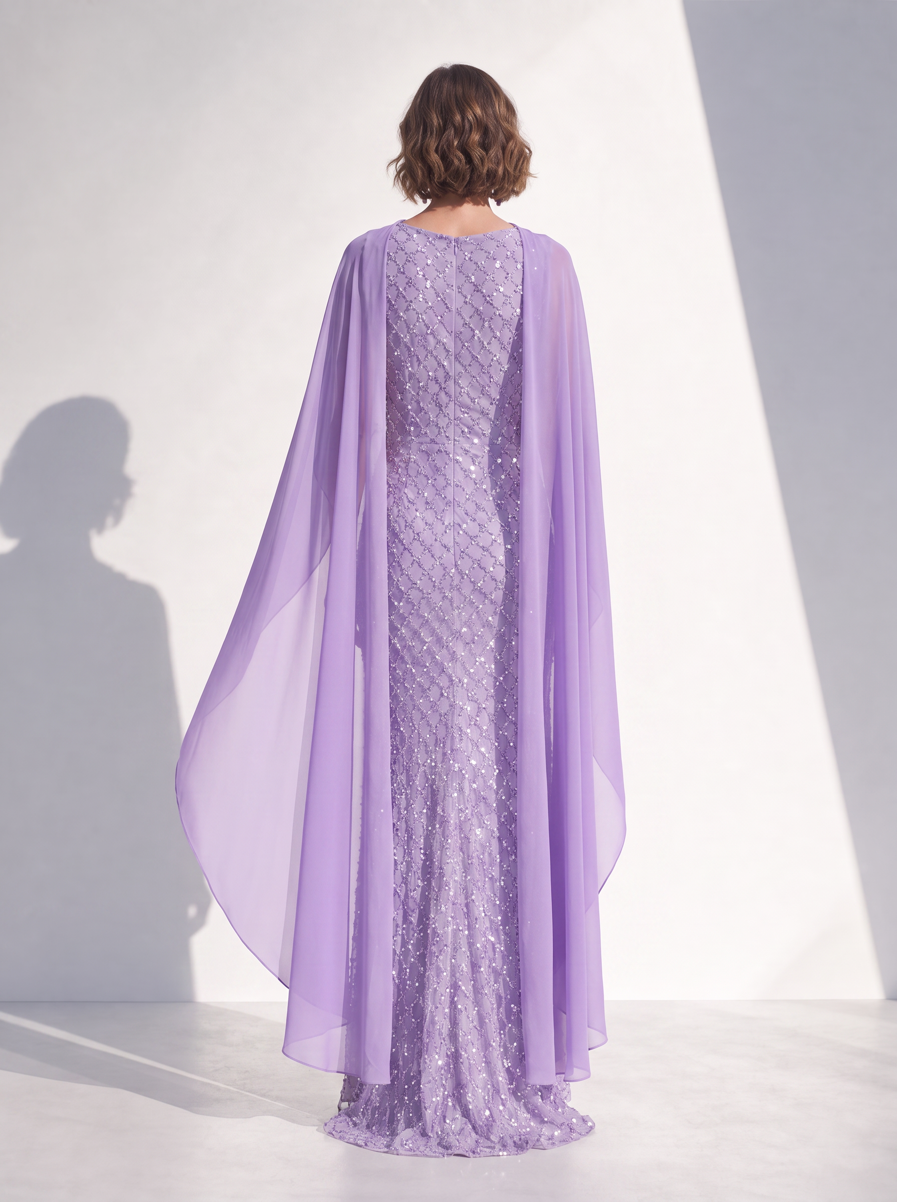 Lavender Beaded Sheath Maxi Gown Dress with Matching Chiffon Capelet